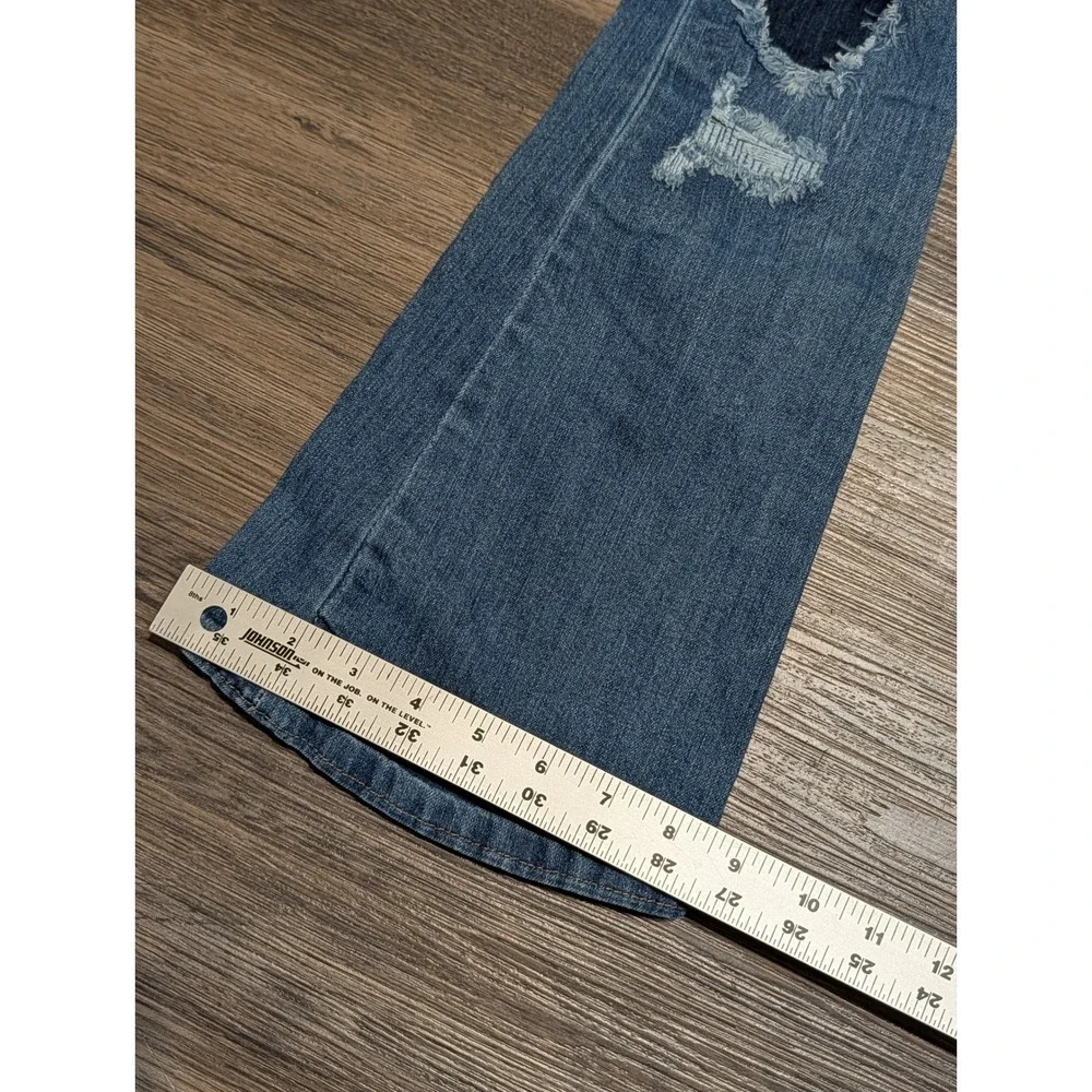 rue21 Womens Mid Rise Flare Jeans Blue Distressed Ripped Denim Size 0 RN70829